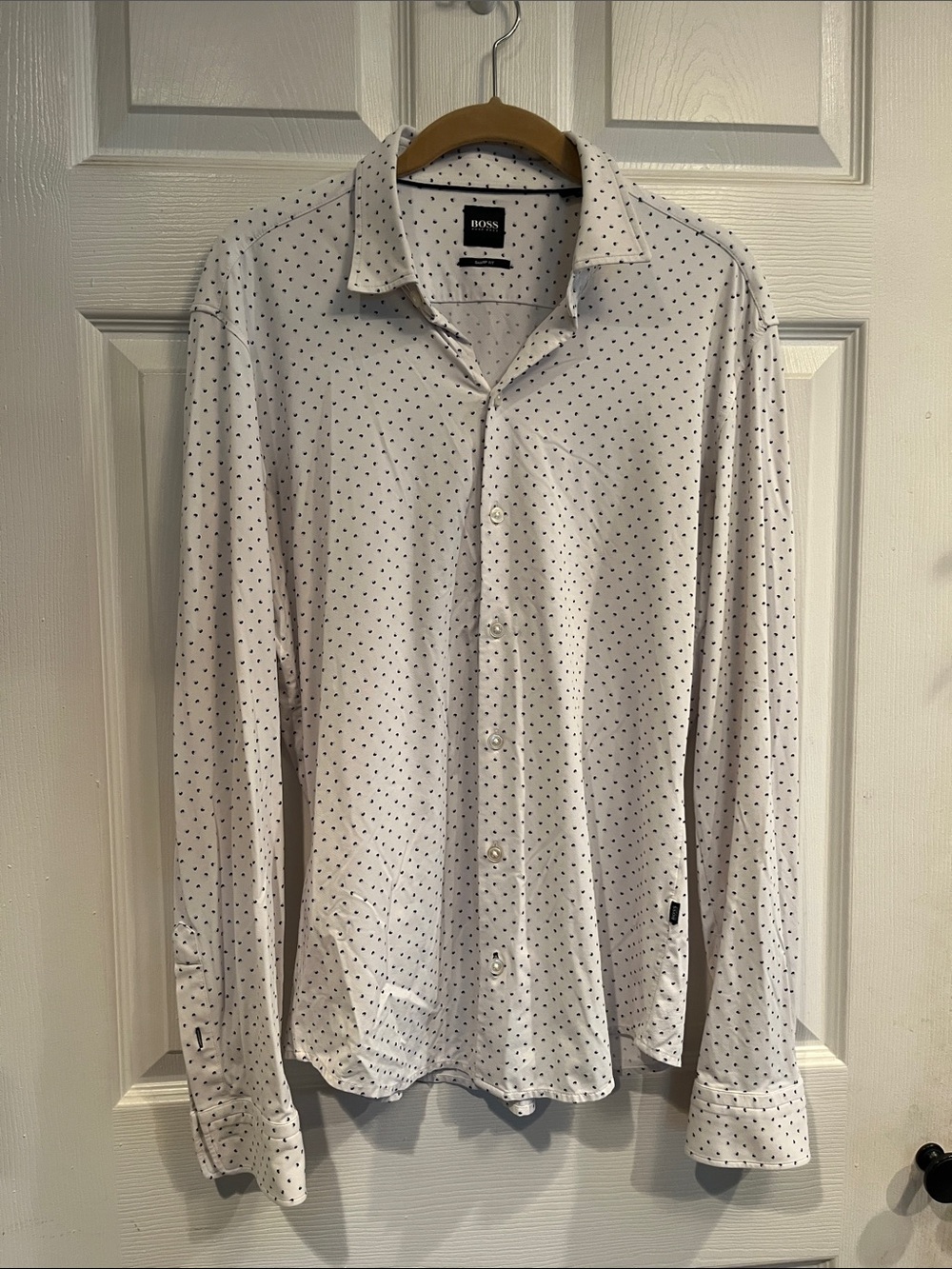 Boss White Long-Sleeve Stretch Fabric Sharp FitDress Shirt with Micro Dots